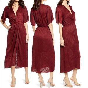 All In Favor Dolman Sleeve Plisse Midi dress knot burgundy XS